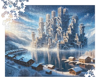 Zimowe Jezioro w Möbius City - Puzzle inspirowane twórczością M.C. Eschera, Surrealistyczny Krajobraz