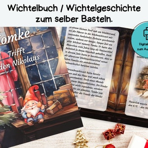 Könnte beinhalten: Ein druckbares Buch mit dem Titel "Tomke Trifft den Nikolaus" mit einer Aquarellillustration eines Zwergs, der auf einem Tisch mit einem Weihnachtsbaum und einem Fenster im Hintergrund sitzt. Das Buch ist Teil einer Reihe von druckbaren Büchern zum Basteln von Weihnachtsartikeln.