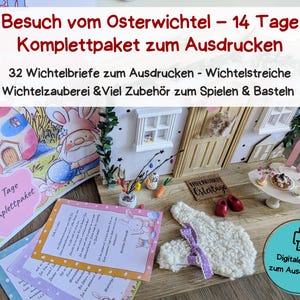 Puede incluir: Un kit de manualidades con temática de Pascua con el texto "Besuch vom Osterwichtel - 14 Tage Komplettpaket zum Ausdrucken". El kit incluye una casa en miniatura, cartas y elementos decorativos. La imagen también muestra un objeto con forma de conejo y una mesa.