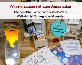 Wichtel - Zauberset - Sternenglanz - Mini-Sternenglanz-Zauberbuch, Rätselbuch und Weltraum-Brettspiel zum Ausdrucken