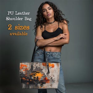 PU Leather Shoulder Bag - Stylish Tote with Japanese Art Landscape Print - Artistic Handbag for Women - Large & Compact Sizes Available