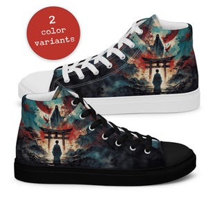 Japanese Samurai High Top Canvas Sneakers - Artistic Red & Black Torii Gate Shoes for Men - Unique Custom Anime-Inspired Footwear