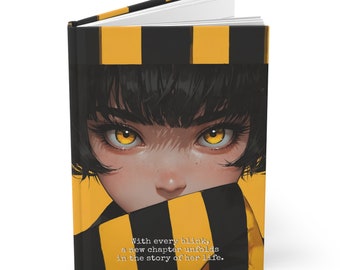 Anime Portrait Hardcover Journal - Yellow Eyes Matte Finish, A5 Writing Notebook, Modern Style