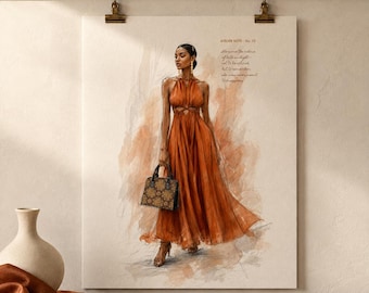 Burnt Orange Dress Fashion Illustration Print, Black Woman Wall Art on Textured Watercolor Paper