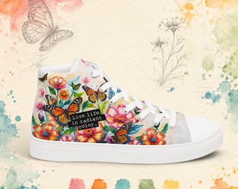 Floral Butterfly High Top Sneakers, Colorful Women’s Canvas Shoes, Botanical Art Shoes