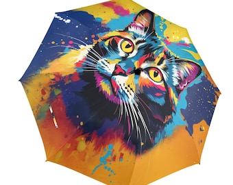 Umbrella, Colorful Cat Design Semi-Automatic Foldable Parasol