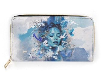 Silent Echoes Art Print Wallet – Blue Watercolor Street Art Zip Purse