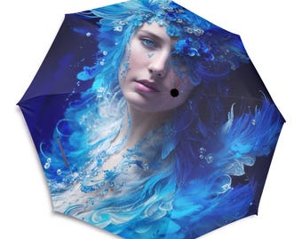 Fantasy Woman Portrait Umbrella, Blue Feather Headdress, Compact Parasol