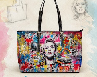 Miley Cyrus Graffiti PU Leather Tote Bag – Colorful Pop Art Handbag