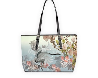 PU Leather Shoulder Bag - Japanese-Style Bird and Flower Illustration