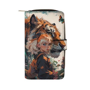 Cartera de piel sintética para mujer: diseño de arte de anime de tigre y niña, cartera con cremallera exclusiva, billetera estilo boho, regalo artístico para ella