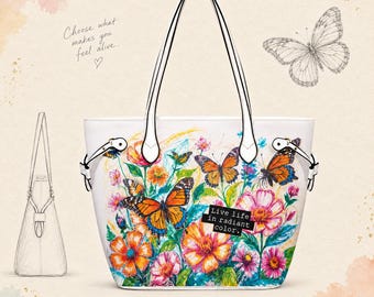 Butterfly Floral PU Leather Tote Bag, Colorful Art Carryall with Inspirational Quote