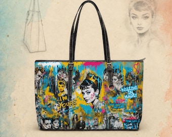 Audrey Hepburn Graffiti Shoulder Bag, Colorful PU Leather Statement Purse