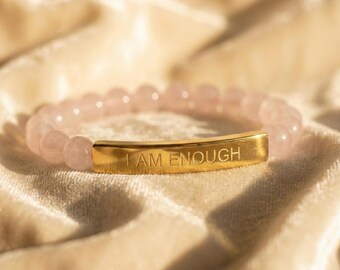 Rose Quartz Bracelet, Custom Engraved Gold Bar, Self Love Crystal