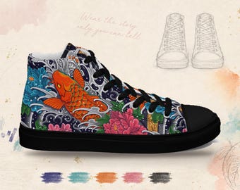 Koi Fish High Top Canvas Sneakers, Japanese Wave Art Shoes, Unisex Black or White
