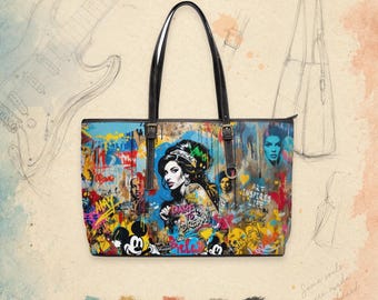 Large Colorful Graffiti Shoulder Bag, PU Leather Street Art Handbag