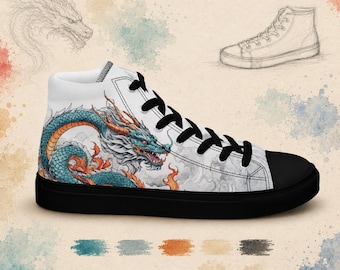 Japanese Dragon High Top Sneakers, Canvas Art Shoes