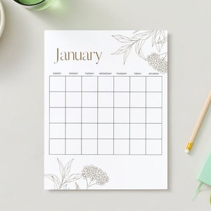 Il calendario Grace / Calendario botanico floreale moderno da fattoria stampabile / Nessun anno vuoto elegante