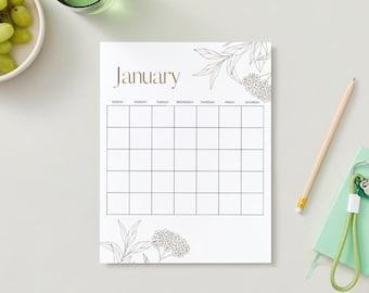 The Grace Calendar | Floral Botanical Farmhouse Modern Printable Calendar | No Year Blank Elegant
