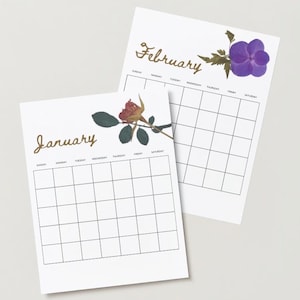 Calendario Ella / Tamaño carta imprimible en blanco / Flores prensadas florales románticas