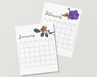 The Ella Calendar | Blank Printable Letter Size | Floral Pressed Flowers Romantic