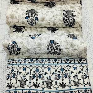 Reversible Indian Quilt Razai Floral Print Comforter Pure Cotton Quilted Handmade Bordered Elegant Look Bedding Quilt