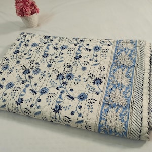 Blue Indian Kantha Quilt, Handmade Floral Hand Block Print Cotton Sheet Bedspread, king Queen Twin Size Kantha Quilt, Kantha Coverlet Throw