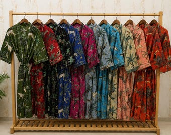 Jungle Print Cotton Kimono Robe, Handmade Boho Bathrobe, Lightweight Floral & Tropical Cover Up