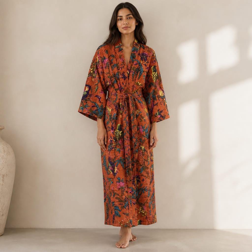 Bird Print Kantha Kimono Jacket, Quilted Cotton Robe, Handmade Boho Lounge Kimono with Belt