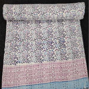 Beautiful Block Print kantha quilt Indian handmade kantha quilt Reversible cotton Bedding Bedspread King Size Kantha Gudari Blanket Throw