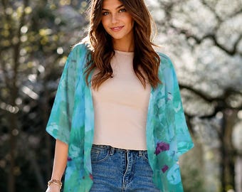 Teal Blue Floral Chiffon Kimono, Women's Beach Cover Up, Boho Duster Robe