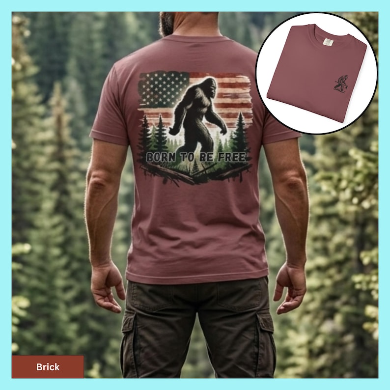 Sasquatch Shirt Bigfoot T-shirt Design American Flag Theme Forest Scene Background Cotton Construction Comfort Colors Brand Perfect Father's Day Gift Dad Present Nature Lover Gift Hiking Enthusiast Collection Quality Material