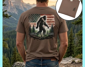 Bigfoot Graphic Tee Shirt Dad Gift Stocking Stuffer Men Vintage American Flag Sasquatch Design Cryptid Apparel Outdoor Enthusiast Camping