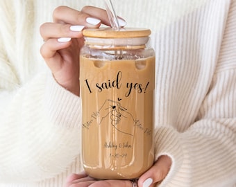 I said yes coffee glass, Bride cup, Iced coffee glass, Personalized bridal shower gift, Custom bridal shower gift, Engagement gift