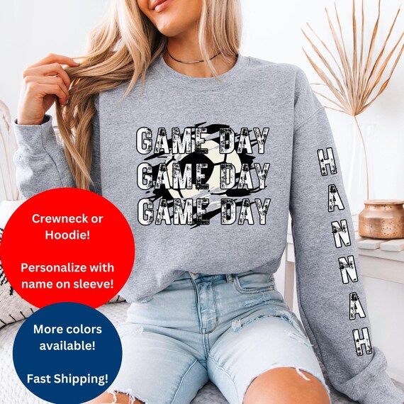 Gameday Soccer Mom Kids Name On Sleeve Sweatshirt Mom Soccer Sweater Soccer Mama Shirt Gift for Soccer Mom Fall Soccer Season Shirt