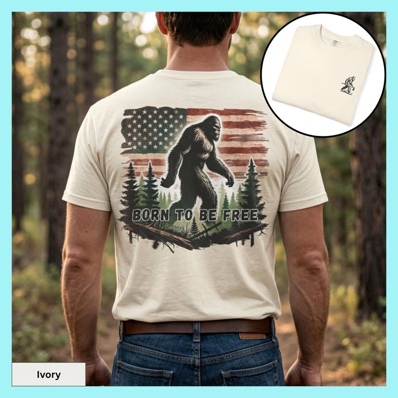 Bigfoot T-shirt Design with American Flag BackgroundSasquatch Shirt Forest SceneBigfoot Shirt for Nature LoversPerfect Fathers Day GiftGift for DadComfort Colors Brand CottonOutdoor Adventure Style