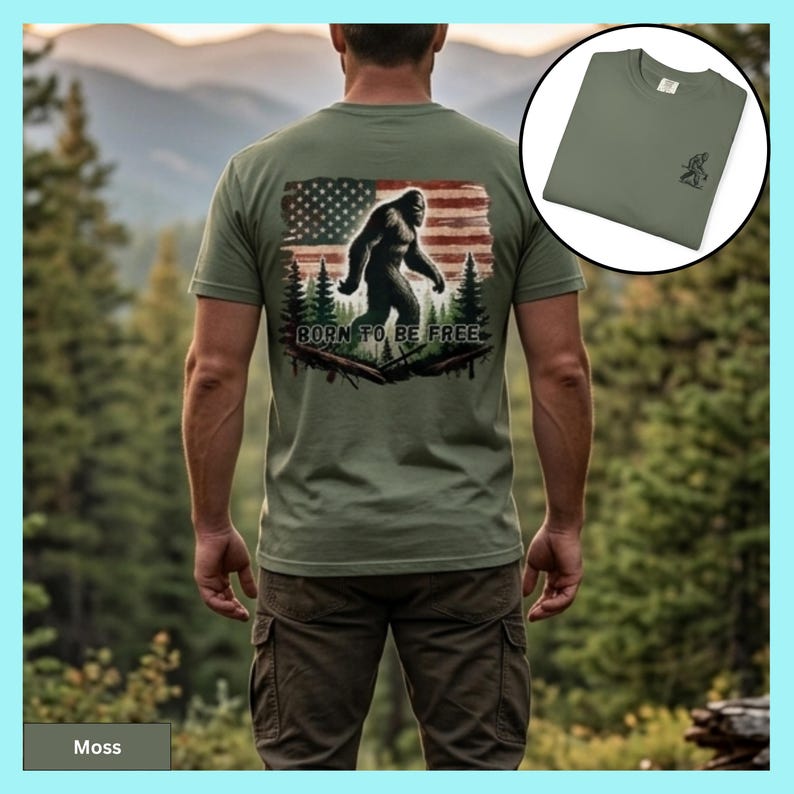 Bigfoot Shirt Design American Flag Pattern Forest Scene Background Comfort Colors Cotton Tee Outdoor Adventure Style Fathers Day Gift Perfect Nature Lover Present Hiking Camping Enthusiast Casual Wear Premium Quality Construction Patriotic