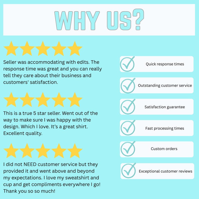 May include: A light blue graphic with the text "WHY US?" and customer reviews. The graphic includes gold stars, checkmarks, and text boxes highlighting quick response times, customer service, and satisfaction.