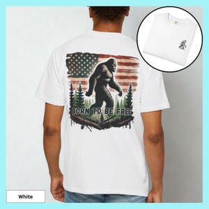 Bigfoot Sasquatch T-Shirt American Flag Design Forest Scene Pattern Outdoor Adventure Style Perfect Father's Day Gift Dad Present Comfort Colors Brand Hiking Camping Theme Casual Wear Quality Construction Patriotic Collection