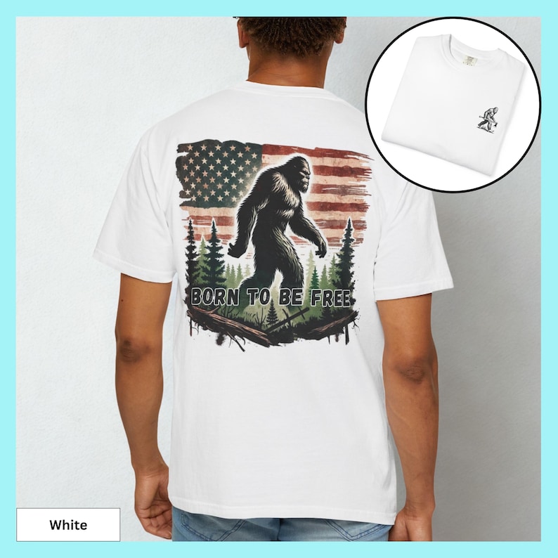 Bigfoot Sasquatch T-Shirt American Flag Design Forest Scene Pattern Outdoor Adventure Style Perfect Father's Day Gift Dad Present Comfort Colors Brand Hiking Camping Theme Casual Wear Quality Construction Patriotic Collection