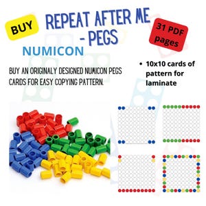 May include: A set of 31 printable PDF pages with 10x10 cards of patterns for use with Numicon pegs. The cards are designed for easy copying of patterns and can be laminated. The image shows a pile of red, blue, green, and yellow pegs, and four example cards with different patterns.