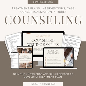 以下が含まれることがあります： カウンセリングの文章作成サンプルの電子書籍のデジタルダウンロードです。表紙には、ラップトップ、タブレット、携帯電話が掲載されており、「カウンセリング文章作成サンプル」というタイトルと、サンプルの治療計画、介入、ケースの概念化をリストした目次があります。表紙の上部には「Let's Get Started」というテキストがあります。