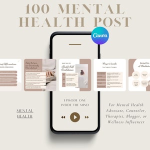 Over 100 Mental Health Instagram Posts including a BONUS Mental Health Planner Over 60 pages, Canva Free Customize to fit your brand