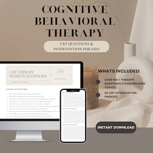 Może przedstawiać: Cyfrowy plik do pobrania dla terapii poznawczo-behawioralnej (CBT) z ponad 100 pytaniami terapeutycznymi i 50 zdaniami interwencyjnymi CBT. Pobieranie zawiera listę pytań i zdań, które pomagają w ocenie i zrozumieniu, poczuciu własnej wartości i współczuciu, komunikacji i umiejętnościach interpersonalnych oraz w zarządzaniu emocjami i unikaniu prokrastynacji.