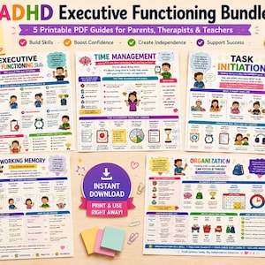 Może przedstawiać: Pakiet funkcji wykonawczych ADHD z 5 drukowanymi przewodnikami PDF dla rodziców, terapeutów i nauczycieli. Przewodniki obejmują umiejętności wykonawcze, zarządzanie czasem, inicjację zadań, pamięć roboczą i organizację. Obraz zawiera tekst i ilustracje.