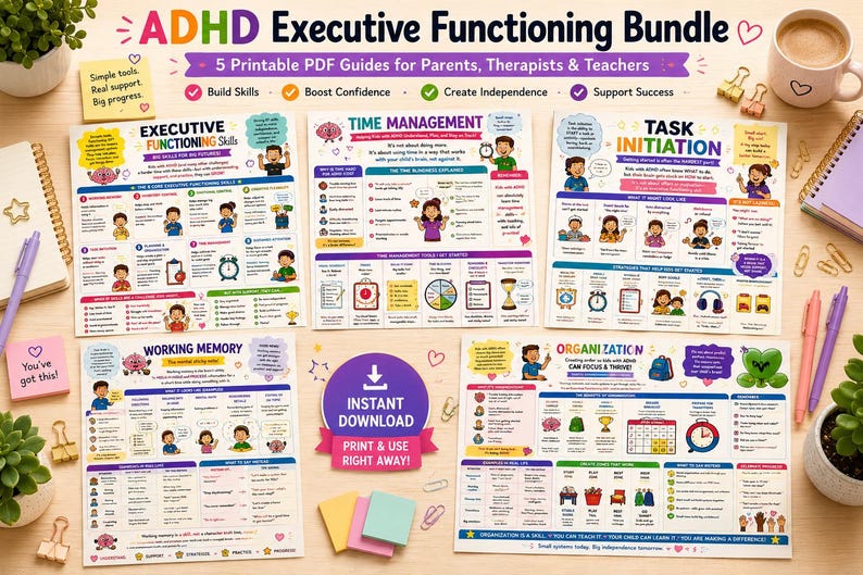 May include: ADHD Executive Functioning Bundle with 5 printable PDF guides for parents, therapists, and teachers. The guides cover topics like executive functioning skills, time management, task initiation, working memory, and organisation. The image includes text and illustrations.