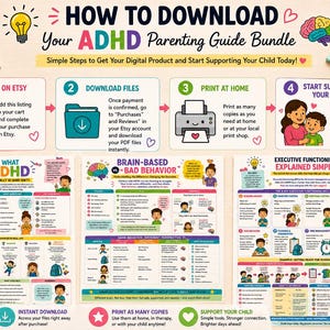 May include: A colorful infographic titled "How to Download Your ADHD Parenting Guide Bundle" with step-by-step instructions. The guide includes sections on purchasing, downloading, printing, and supporting children. The image features illustrations and text.