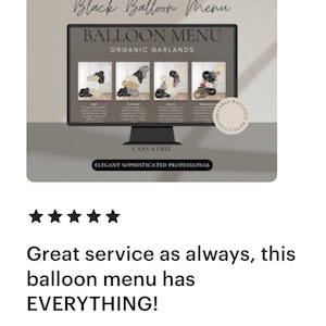 Puede incluir: Gr&aacute;fico digital que presenta un men&uacute; de globos negros, titulado "The Ultimate Black Balloon Menu". El men&uacute; muestra dise&ntilde;os de guirnaldas org&aacute;nicas. El gr&aacute;fico incluye el texto "CANVA FREE" y "ELEGANT SOPHISTICATED PROFESSIONAL".