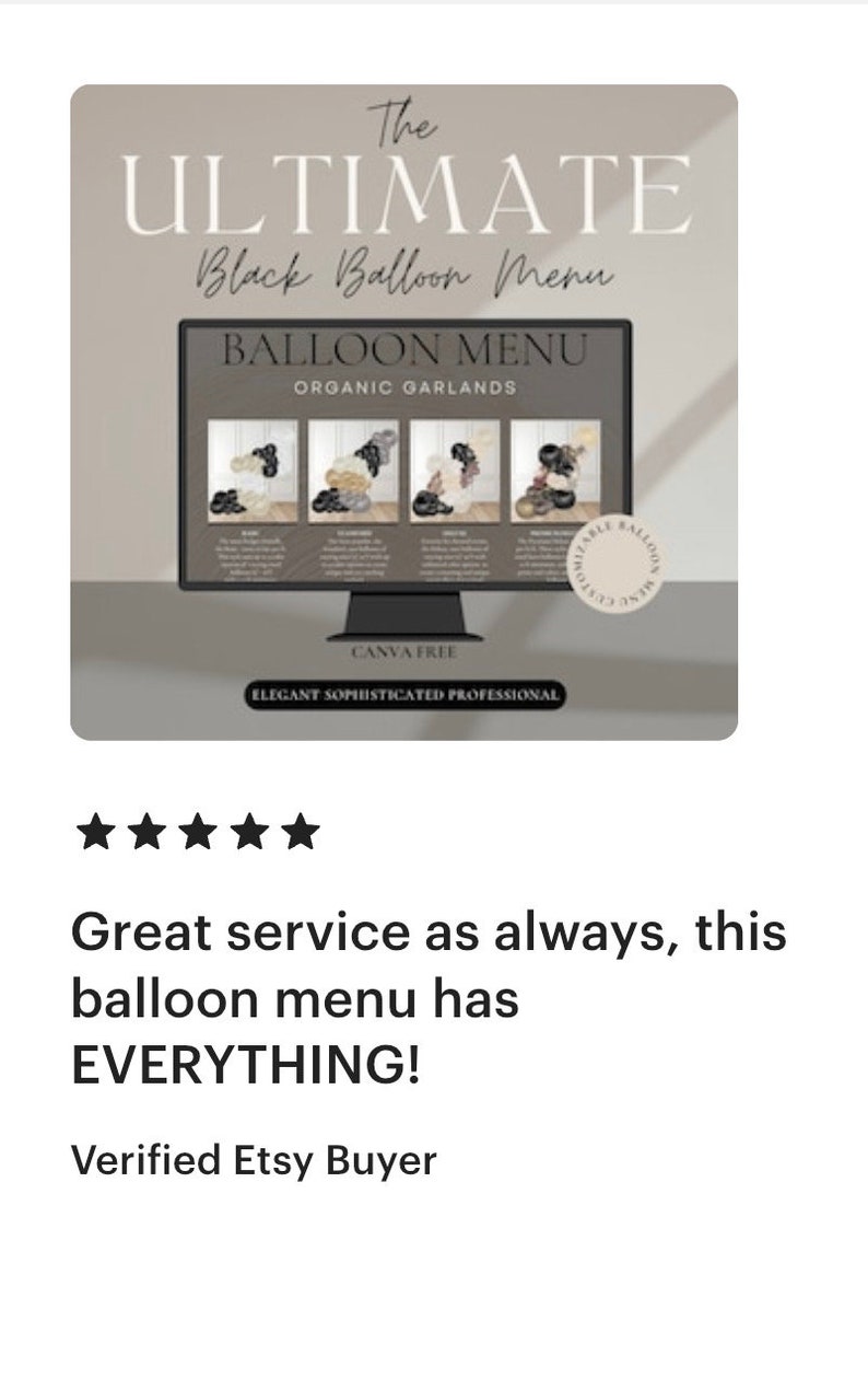 Puede incluir: Gr&aacute;fico digital que presenta un men&uacute; de globos negros, titulado "The Ultimate Black Balloon Menu". El men&uacute; muestra dise&ntilde;os de guirnaldas org&aacute;nicas. El gr&aacute;fico incluye el texto "CANVA FREE" y "ELEGANT SOPHISTICATED PROFESSIONAL".