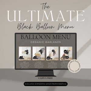 Puede incluir: Una pantalla digital que muestra un "Men&uacute; de globos negros" con cuatro opciones de dise&ntilde;o: B&aacute;sico, Est&aacute;ndar, Deluxe y Premium Deluxe. El men&uacute; presenta dise&ntilde;os de guirnaldas org&aacute;nicas con globos negros, blancos y dorados. El texto incluye "The Ultimate Black Balloon Menu" y "Canva Free."